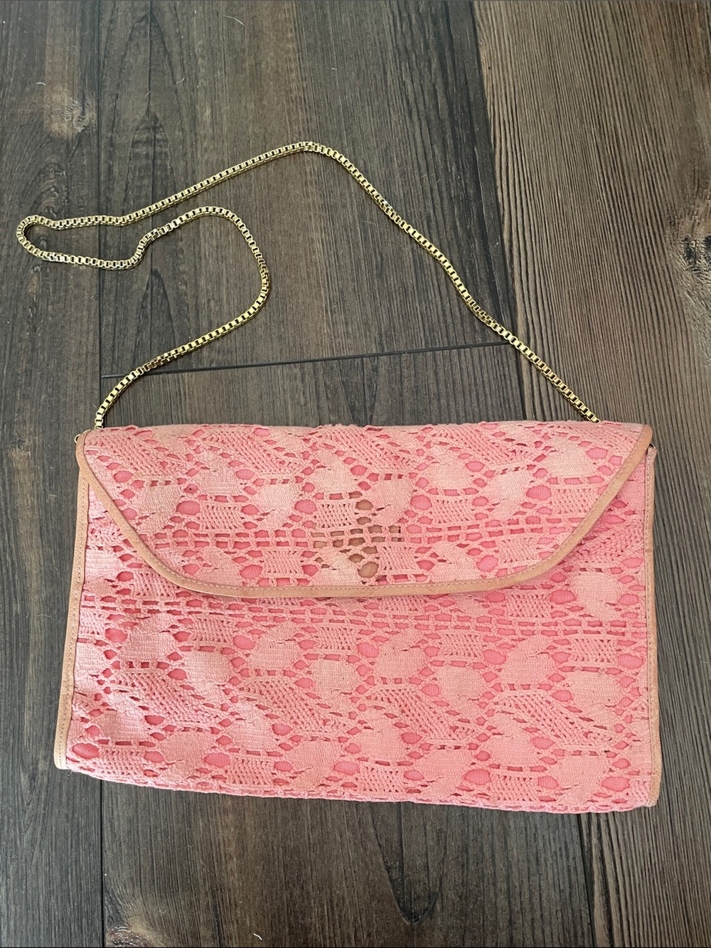 Vintage Nina Made in Spain Pink Lace Envelope Clutch Evening Bag with Gold Chain